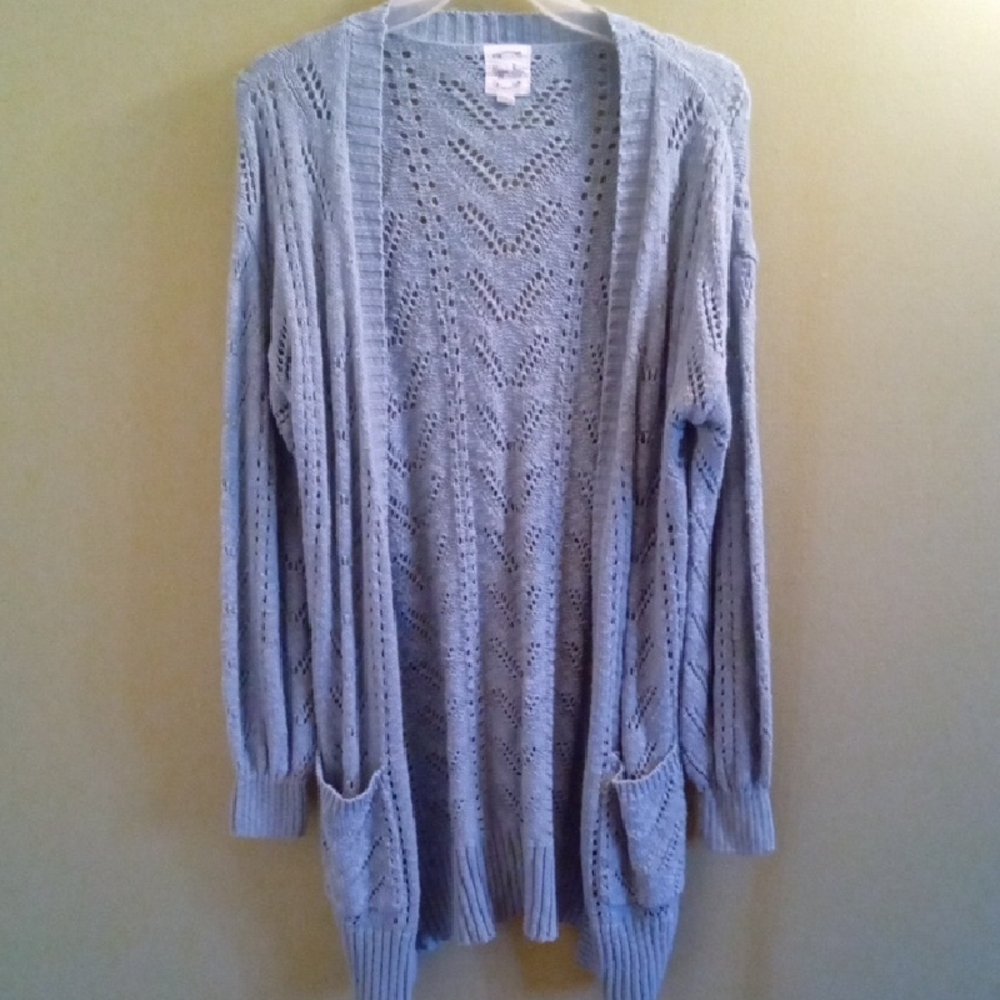 Womans M Hippie Rose Blue Open-Front Cardigan Sweater Open Knit With Pockets
